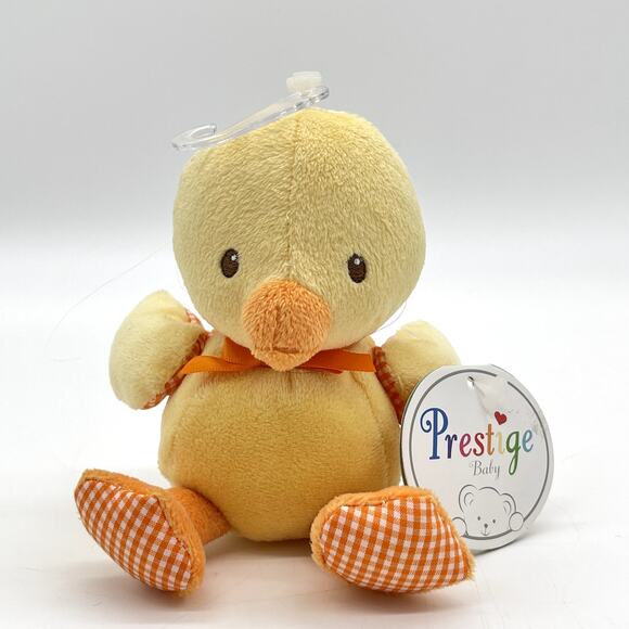 NWT Prestige Baby Small Yellow Plush Duck Orange Bow Gingham Checked Wings Feet - Picture 2 of 8